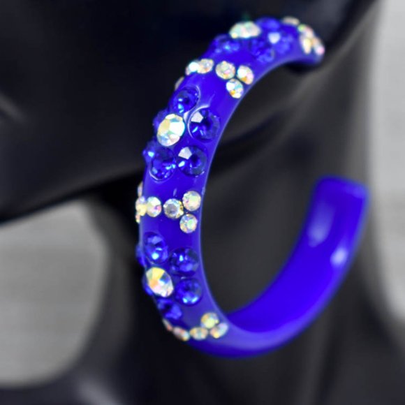 2" Flower Pattern Royal Lucite Rhinestone Earrings - Picture 4 of 12